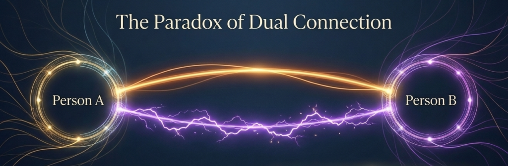 Illustration of two people connected by energetic lightning arcs.