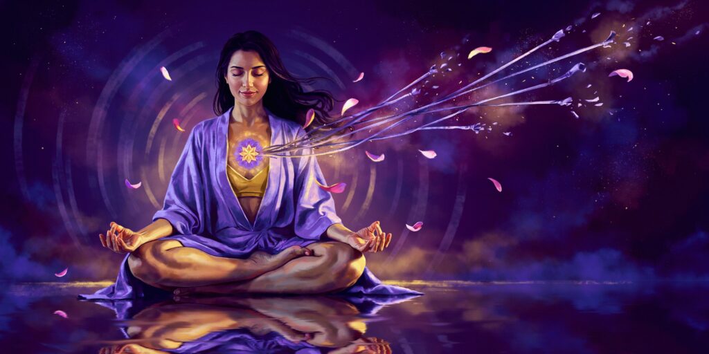 Woman meditating as energetic cords release from her heart chakra — a visual representation of energetic cord cutting