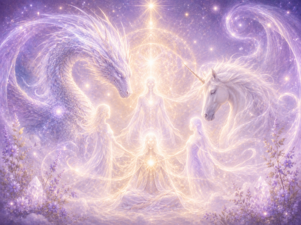 4 Essential Sources of Spiritual Support in Energy Healing: surrounding glowing Light figures, essential sources of Divine Assistance