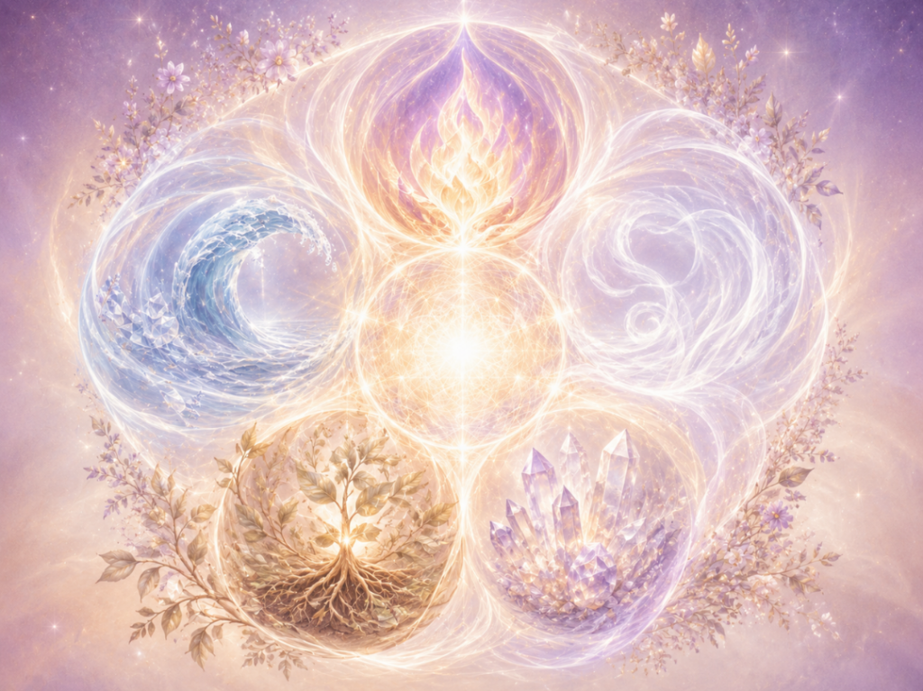 Elemental energies of water, fire, air, earth and universal life force, glowing in purple and gold, one of the four essential sources of Divine Assistance
