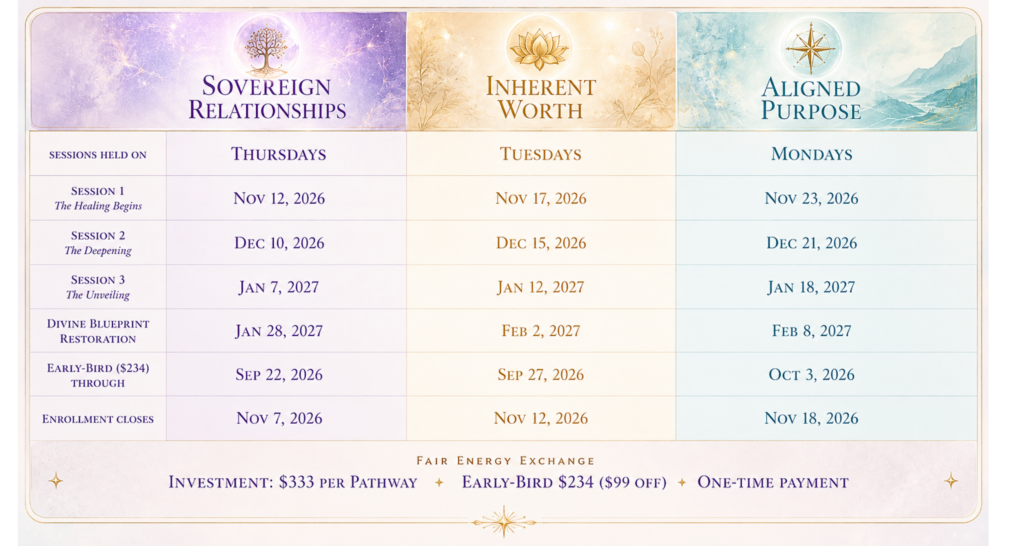 Luminous Architecture — Pathway Dates & Pricing Fair Energy Exchange — dates and pricing for the three Luminous Architecture Pathways: Sovereign Relationships, Inherent Worth, and Aligned Purpose, 2026–2027.