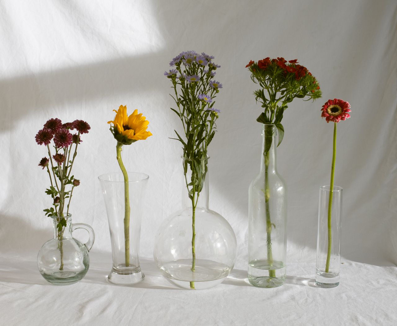 Delicate gerbera and sunflower placed in glass vases near bunches of assorted gentle garden plants arranged on table covered with white cloth